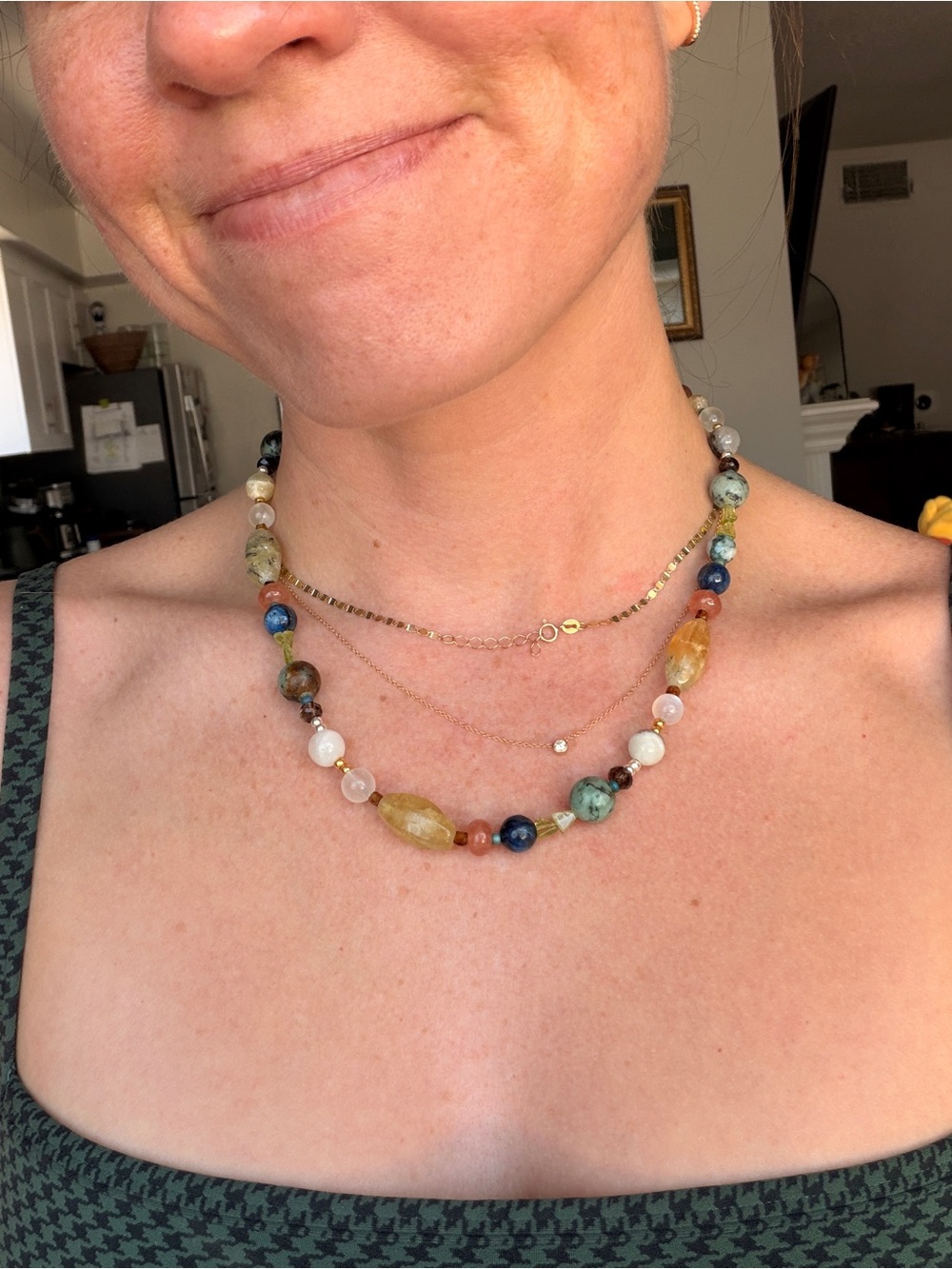 Multi‑Stone Beaded Necklace in Green, Blue & Gold